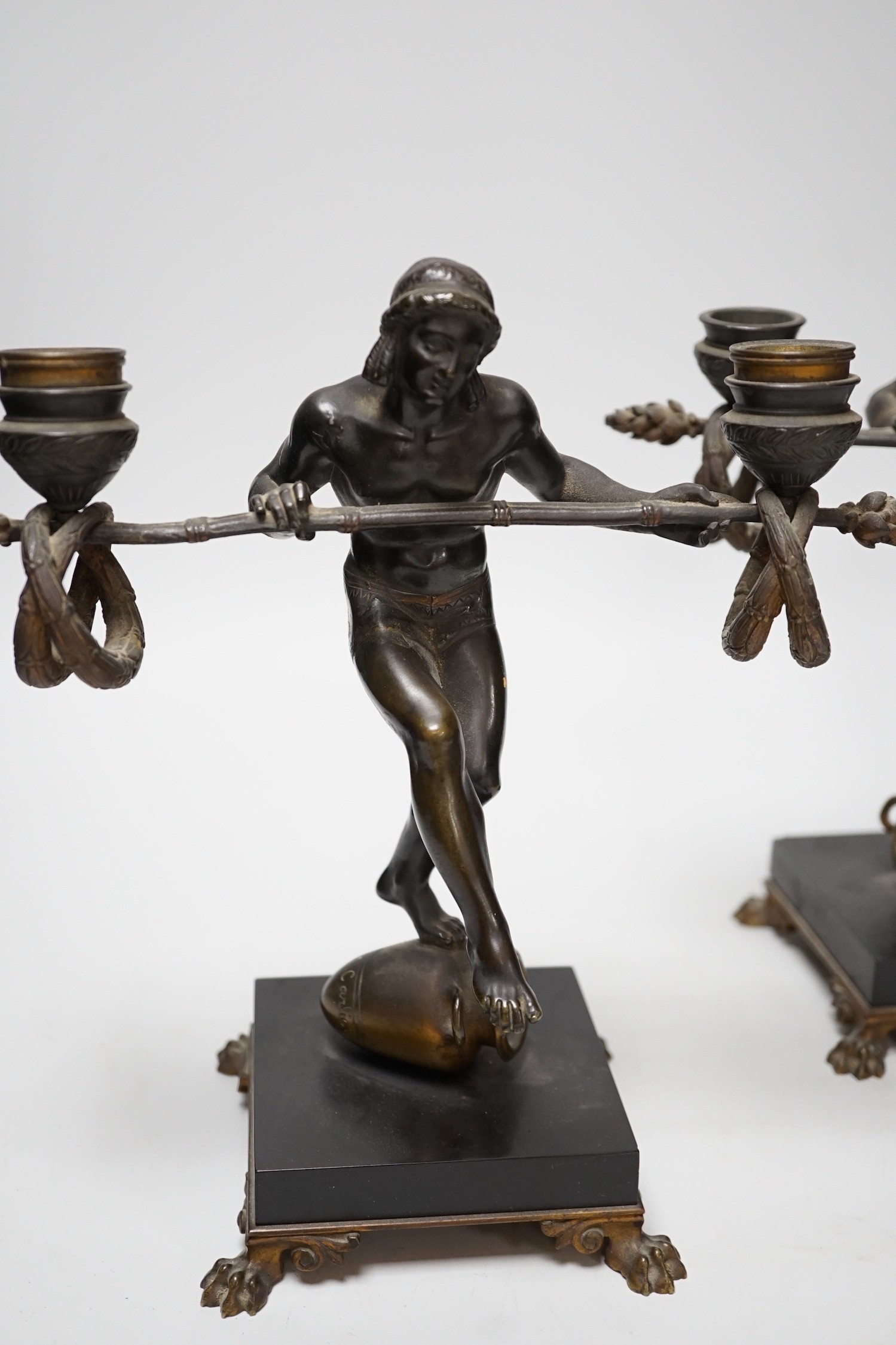 Eugene Cartier (1861-1943). A pair of bronze ‘acrobat’ candelabra, 24cm